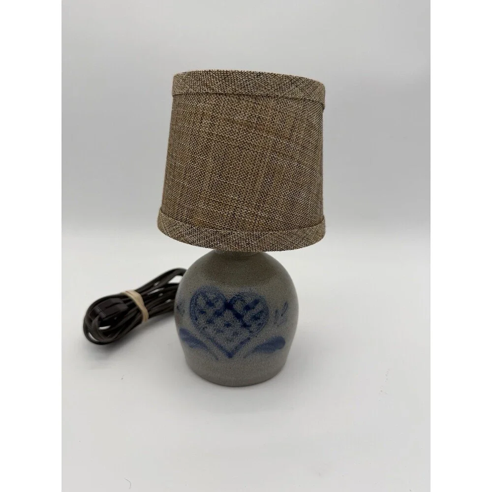 1997 Rowe Pottery salt-glazed stoneware accent lamp painted Blue Heart 8.5 Small
